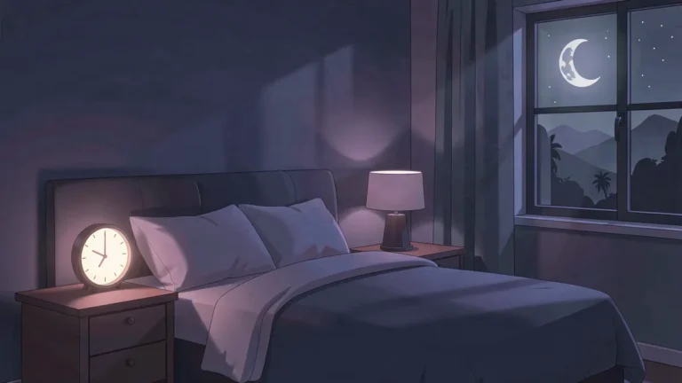 Illustration for Why Do I Keep Waking Up At Night? Causes And Fixes: a calm night bedroom scene in an indigo palette