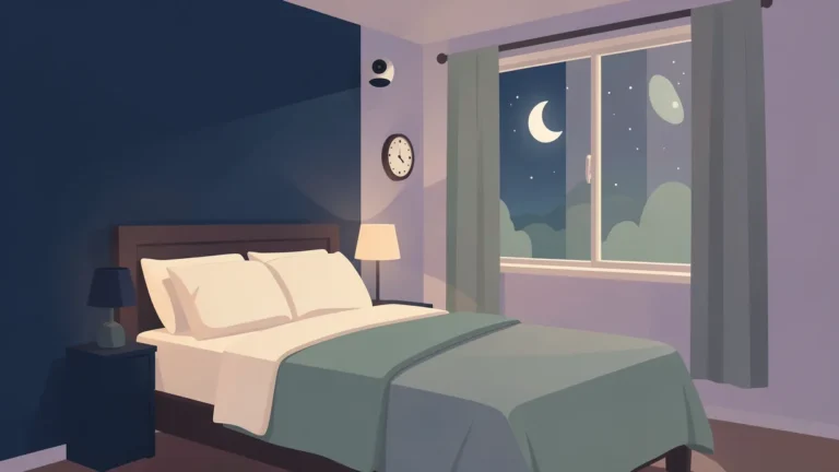 Illustration for What Happens During a Sleep Study? A Night-by-Night Walkthrough: a calm private bedroom with dim lamp and moonlit curtain