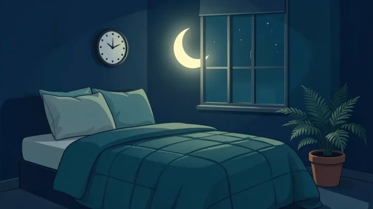 Illustration for What Is Deep Sleep? Stage N3 Explained Simply: a still dark-blue bedroom with a quilted comforter and a crescent moon