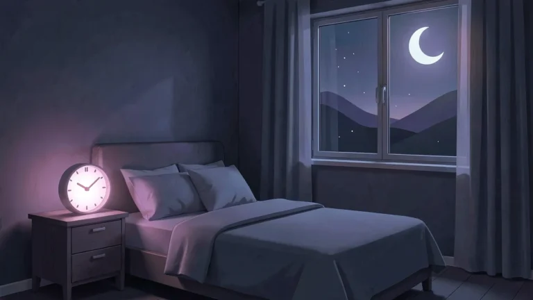 Illustration for What Is Sleep Debt? How It Builds And How To Repay It: a calm night bedroom scene in an indigo palette