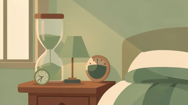 Illustration for What Is Sleep Pressure? Why You Get Sleepy at Night: an hourglass of green sand on a bedside table with a lamp and blanket