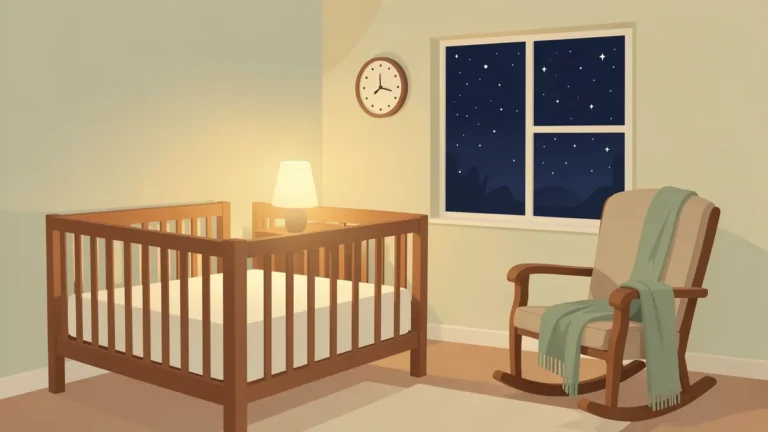 Illustration for When Do Babies Sleep Through the Night? What Research Shows: a quiet nursery with a bare crib, nightlight and rocking chair