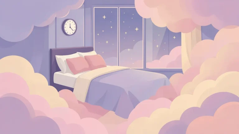 Illustration for Why Do We Dream? Main Theories and the Evidence: a bed among soft clouds and stars seen through a window