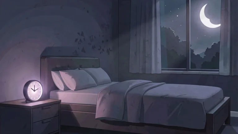 Illustration for Why Do I Wake Up At 3 AM? 7 Common Causes And How To Get Back To Sleep: a calm night bedroom scene in an indigo palette